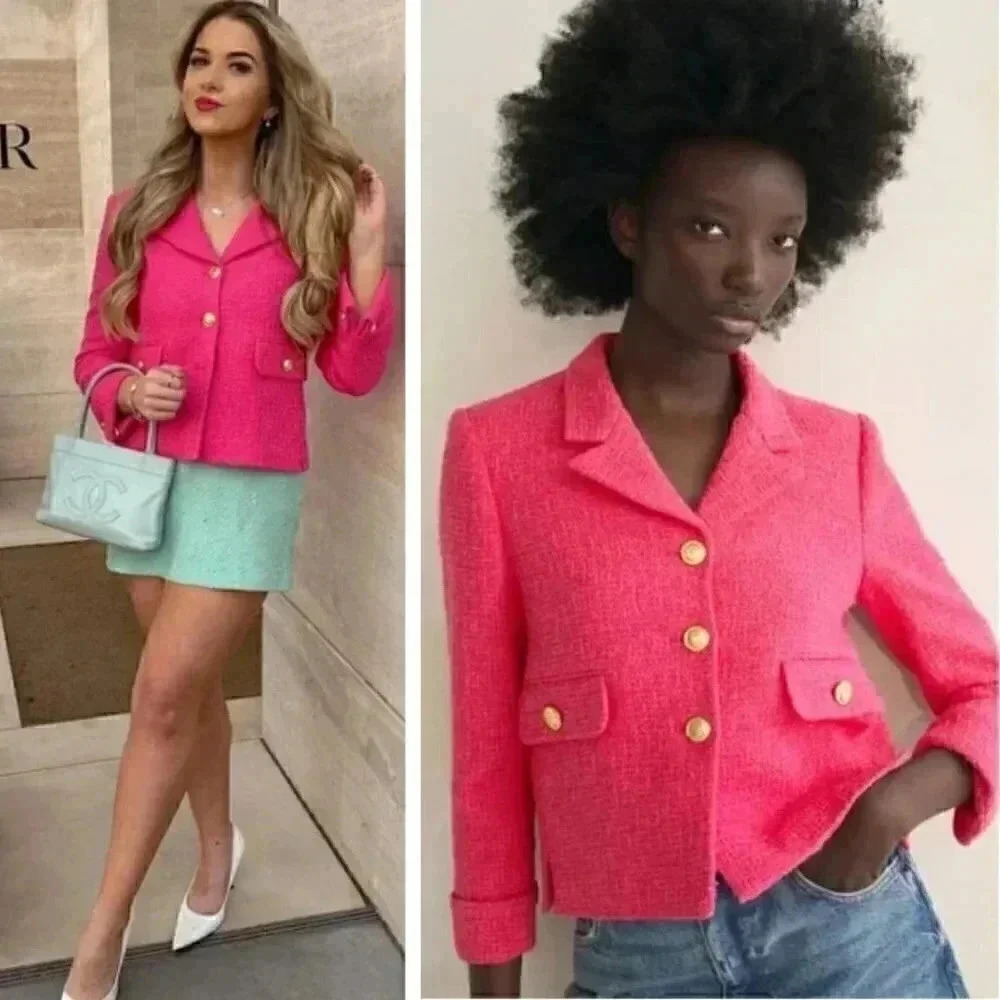 Zara Pink Tweed Cropped Blazer Jacket